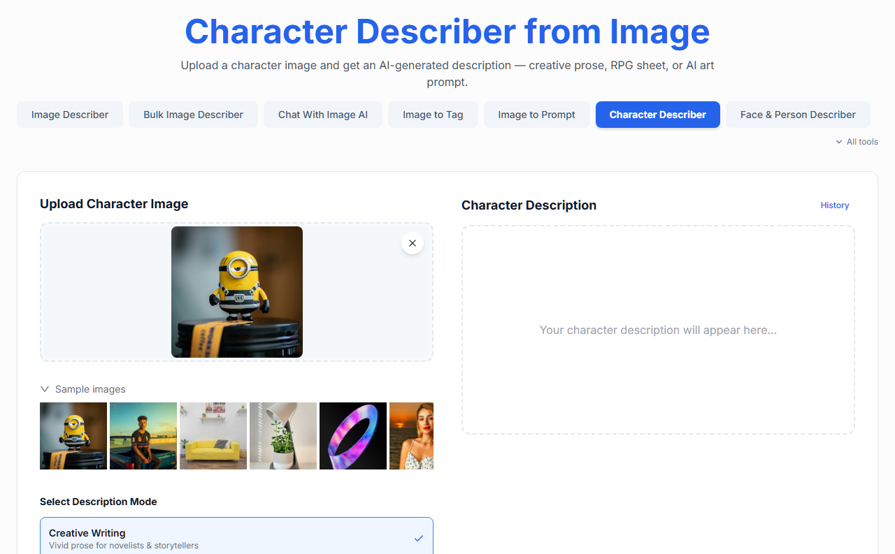 Character Describer from Image — upload an image to get started