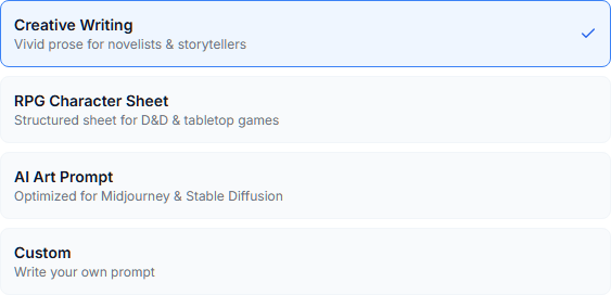 Four output modes: Creative Writing, RPG Character Sheet, AI Art Prompt, Custom