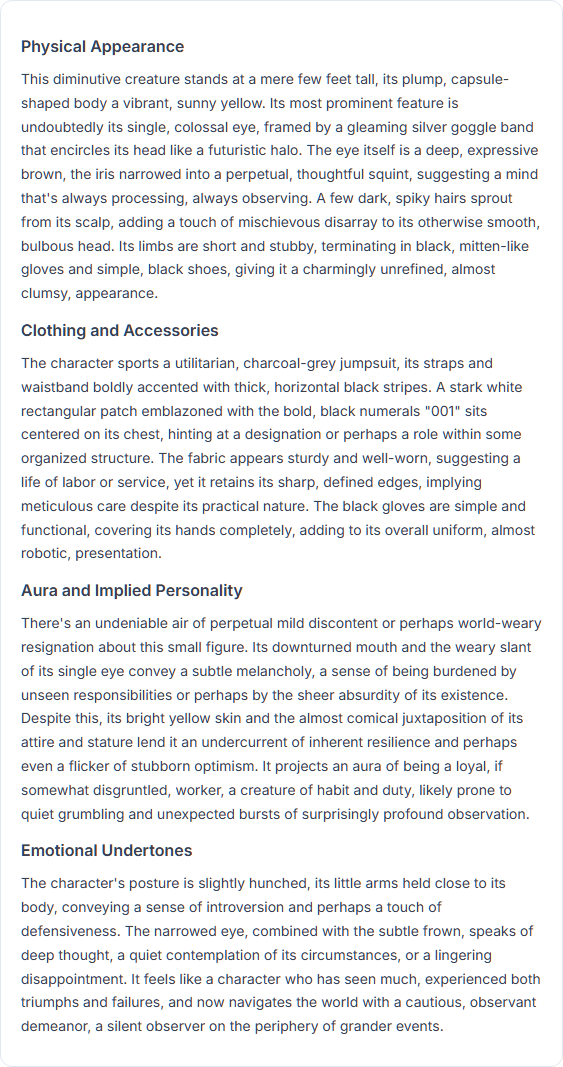 AI-generated character description — Physical Appearance, Clothing, Aura and Personality sections